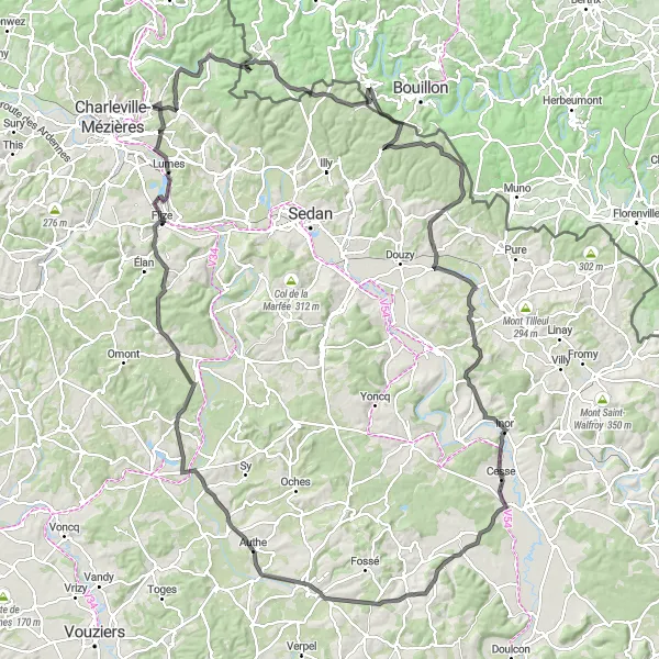 Miniature de la carte de l'inspiration cycliste "L'aventure à travers les Ardennes" dans la Champagne-Ardenne, France. Générée par le planificateur d'itinéraire cycliste Tarmacs.app