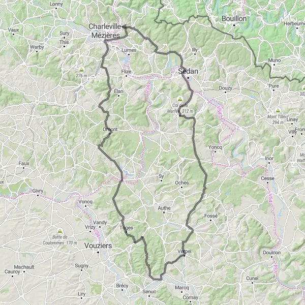 Miniature de la carte de l'inspiration cycliste "Les Châteaux de l'Ardenne" dans la Champagne-Ardenne, France. Générée par le planificateur d'itinéraire cycliste Tarmacs.app