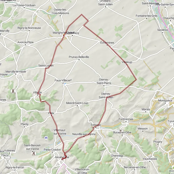 Miniature de la carte de l'inspiration cycliste "La boucle de la Barse" dans la Champagne-Ardenne, France. Générée par le planificateur d'itinéraire cycliste Tarmacs.app
