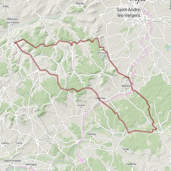 Miniature de la carte de l'inspiration cycliste "Les Chemins de Terre" dans la Champagne-Ardenne, France. Générée par le planificateur d'itinéraire cycliste Tarmacs.app