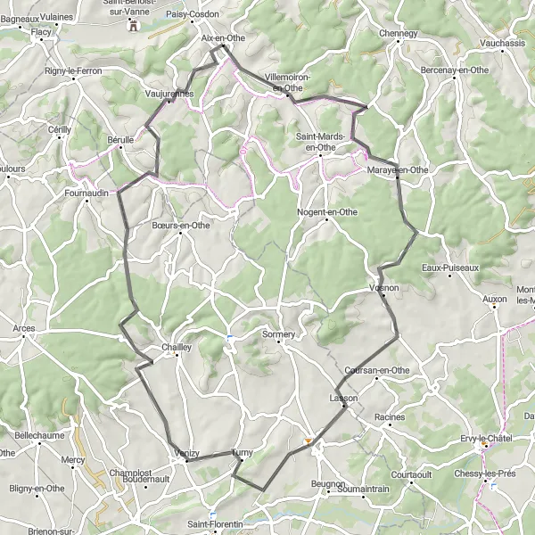 Miniature de la carte de l'inspiration cycliste "Les coteaux de l'Othe" dans la Champagne-Ardenne, France. Générée par le planificateur d'itinéraire cycliste Tarmacs.app