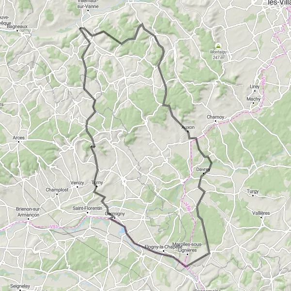 Miniature de la carte de l'inspiration cycliste "Les chemins de l'Yonne" dans la Champagne-Ardenne, France. Générée par le planificateur d'itinéraire cycliste Tarmacs.app