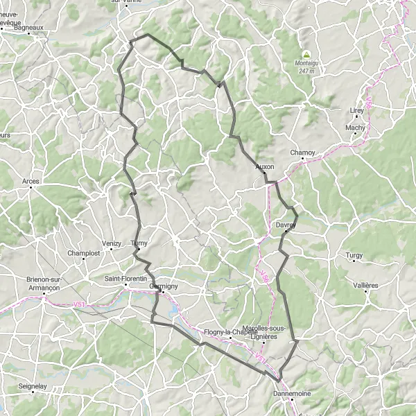 Miniature de la carte de l'inspiration cycliste "Les collines de l'Aube" dans la Champagne-Ardenne, France. Générée par le planificateur d'itinéraire cycliste Tarmacs.app