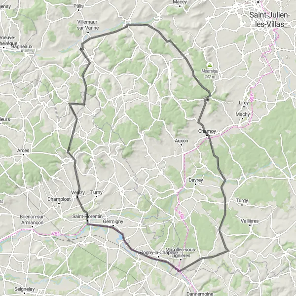 Miniature de la carte de l'inspiration cycliste "Les Vallons d'Othe" dans la Champagne-Ardenne, France. Générée par le planificateur d'itinéraire cycliste Tarmacs.app