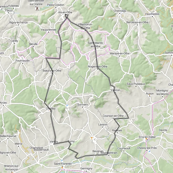 Miniature de la carte de l'inspiration cycliste "Les Paysages de l'Aube" dans la Champagne-Ardenne, France. Générée par le planificateur d'itinéraire cycliste Tarmacs.app