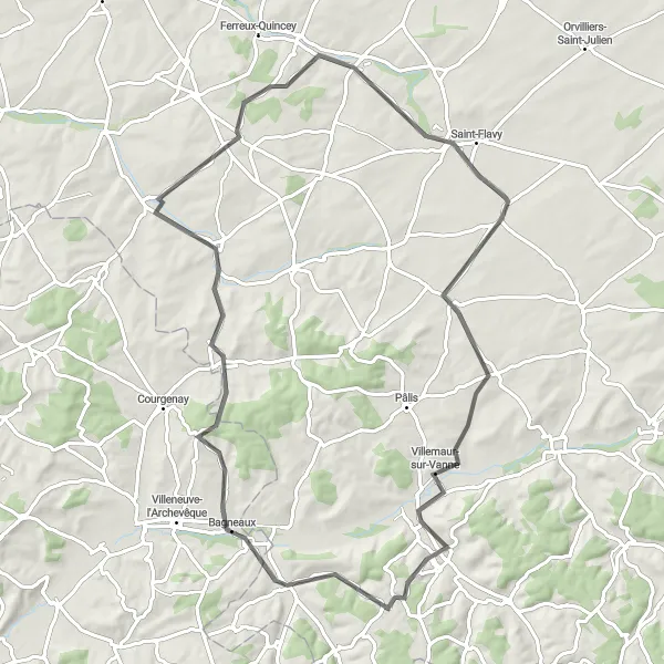 Miniature de la carte de l'inspiration cycliste "Les Collines de l'Aube" dans la Champagne-Ardenne, France. Générée par le planificateur d'itinéraire cycliste Tarmacs.app