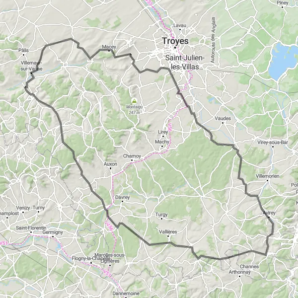 Miniature de la carte de l'inspiration cycliste "Les trésors de l'Aube" dans la Champagne-Ardenne, France. Générée par le planificateur d'itinéraire cycliste Tarmacs.app