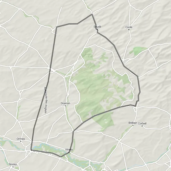 Map miniature of "Arcis-sur-Aube and Beyond Road Cycling Route" cycling inspiration in Champagne-Ardenne, France. Generated by Tarmacs.app cycling route planner