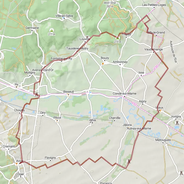 Map miniature of "Vineyard Exploration" cycling inspiration in Champagne-Ardenne, France. Generated by Tarmacs.app cycling route planner