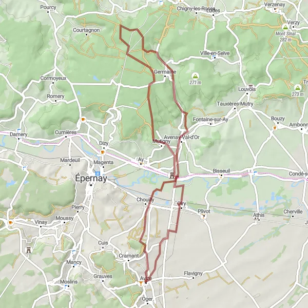 Miniature de la carte de l'inspiration cycliste "Aventure gravel à Avenay-Val-d'Or" dans la Champagne-Ardenne, France. Générée par le planificateur d'itinéraire cycliste Tarmacs.app