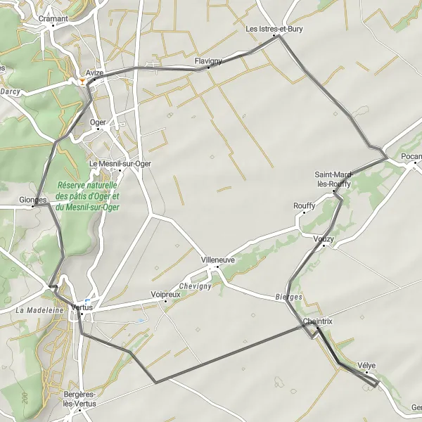 Map miniature of "Avize Round-trip Road Cycling Route 2" cycling inspiration in Champagne-Ardenne, France. Generated by Tarmacs.app cycling route planner