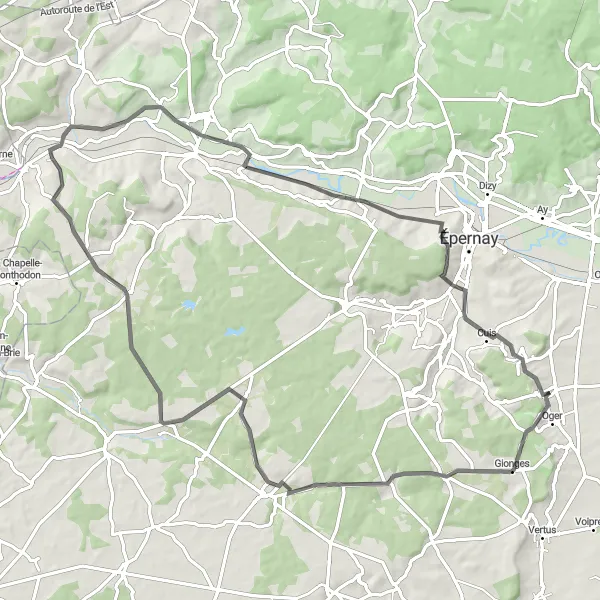 Miniature de la carte de l'inspiration cycliste "Parcours champenois vers Cramant" dans la Champagne-Ardenne, France. Générée par le planificateur d'itinéraire cycliste Tarmacs.app