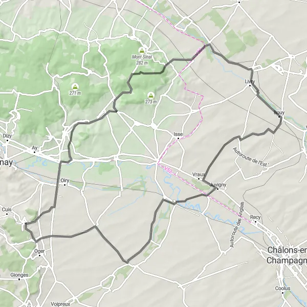 Miniature de la carte de l'inspiration cycliste "Les Routes de la Vallée de la Marne" dans la Champagne-Ardenne, France. Générée par le planificateur d'itinéraire cycliste Tarmacs.app