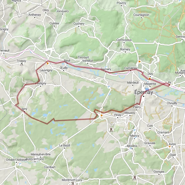 Map miniature of "Gravel Ride: Epernay - Nesle-le-Repons - Cave Thomas" cycling inspiration in Champagne-Ardenne, France. Generated by Tarmacs.app cycling route planner