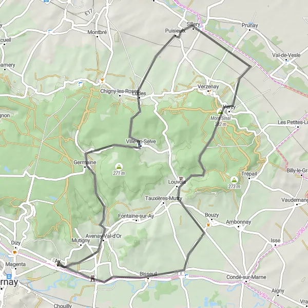 Miniature de la carte de l'inspiration cycliste "Le tour de la Vallée de la Marne" dans la Champagne-Ardenne, France. Générée par le planificateur d'itinéraire cycliste Tarmacs.app
