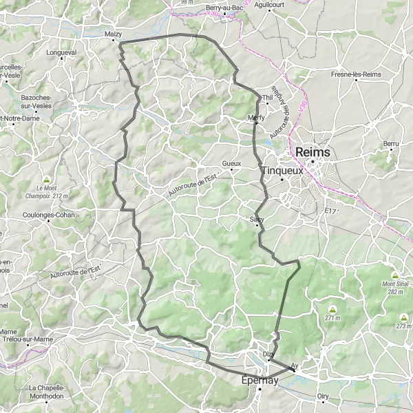 Map miniature of "Road Cycling: Épernay - Lhéry - Chamery" cycling inspiration in Champagne-Ardenne, France. Generated by Tarmacs.app cycling route planner