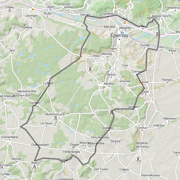 Map miniature of "Champagne Road Adventure" cycling inspiration in Champagne-Ardenne, France. Generated by Tarmacs.app cycling route planner