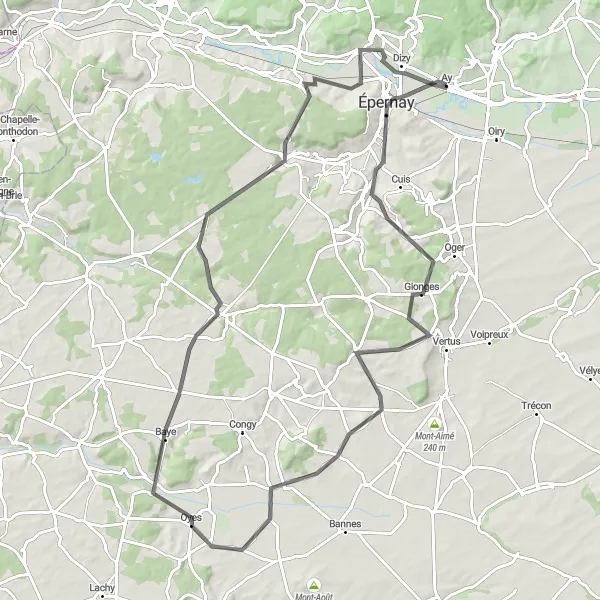 Map miniature of "The Champagne Journey" cycling inspiration in Champagne-Ardenne, France. Generated by Tarmacs.app cycling route planner