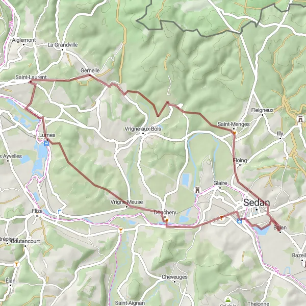 Map miniature of "Lumes and Gernelle Gravel Loop" cycling inspiration in Champagne-Ardenne, France. Generated by Tarmacs.app cycling route planner