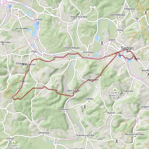 Map miniature of "The Sedan Gravel Adventure" cycling inspiration in Champagne-Ardenne, France. Generated by Tarmacs.app cycling route planner