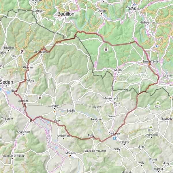 Map miniature of "Givonne and Matton-et-Clémency Gravel Adventure" cycling inspiration in Champagne-Ardenne, France. Generated by Tarmacs.app cycling route planner