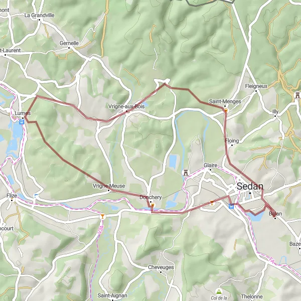 Miniature de la carte de l'inspiration cycliste "Les Montagnes Ardennaises" dans la Champagne-Ardenne, France. Générée par le planificateur d'itinéraire cycliste Tarmacs.app