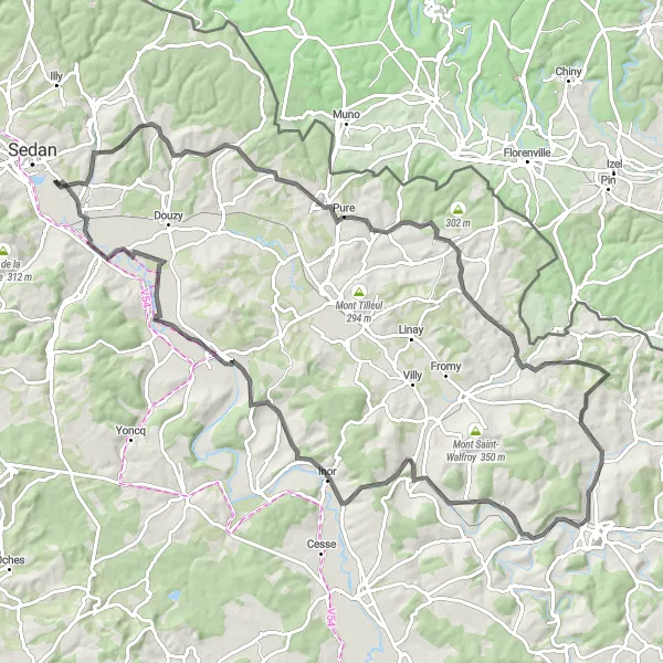 Miniature de la carte de l'inspiration cycliste "Parcours sportif vers Bazeilles" dans la Champagne-Ardenne, France. Générée par le planificateur d'itinéraire cycliste Tarmacs.app