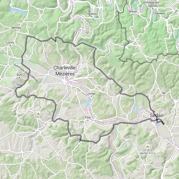 Miniature de la carte de l'inspiration cycliste "Les Panoramas de l'Ardenne" dans la Champagne-Ardenne, France. Générée par le planificateur d'itinéraire cycliste Tarmacs.app