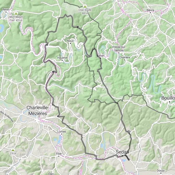 Miniature de la carte de l'inspiration cycliste "Les Méandres de la Meuse" dans la Champagne-Ardenne, France. Générée par le planificateur d'itinéraire cycliste Tarmacs.app
