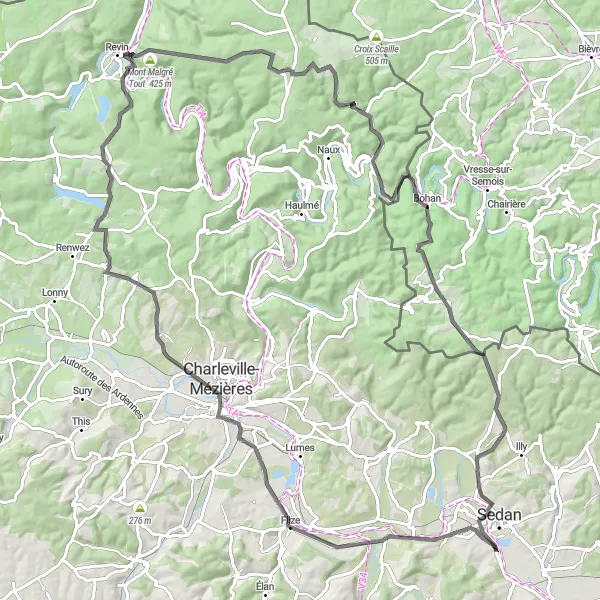 Miniature de la carte de l'inspiration cycliste "Les Rochers de l'Ardenne" dans la Champagne-Ardenne, France. Générée par le planificateur d'itinéraire cycliste Tarmacs.app