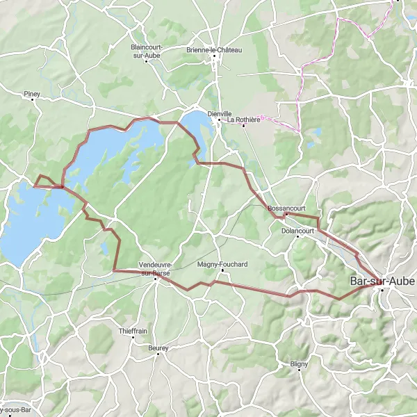 Miniature de la carte de l'inspiration cycliste "Tour des Lacs de l'Aube" dans la Champagne-Ardenne, France. Générée par le planificateur d'itinéraire cycliste Tarmacs.app