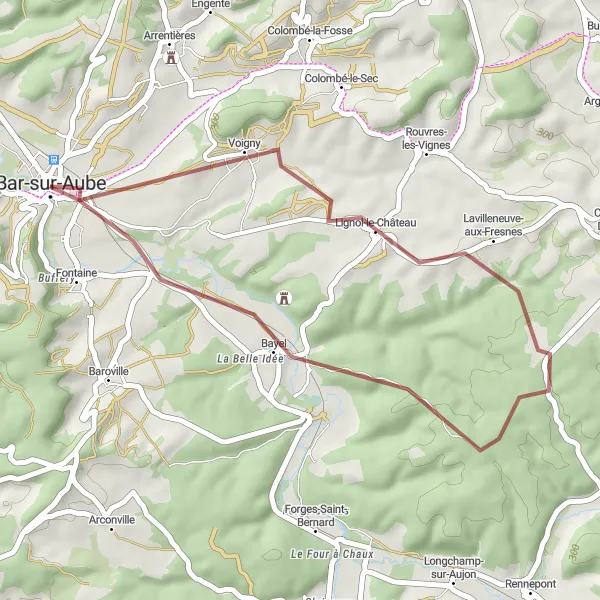 Map miniature of "Short Gravel Escape near Bar-sur-Aube" cycling inspiration in Champagne-Ardenne, France. Generated by Tarmacs.app cycling route planner