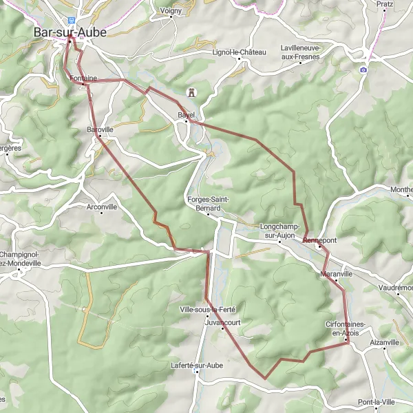 Map miniature of "Bayel Gravel Adventure" cycling inspiration in Champagne-Ardenne, France. Generated by Tarmacs.app cycling route planner