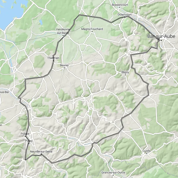 Miniature de la carte de l'inspiration cycliste "Boucle vers Meurville et Vendeuvre-sur-Barse" dans la Champagne-Ardenne, France. Générée par le planificateur d'itinéraire cycliste Tarmacs.app