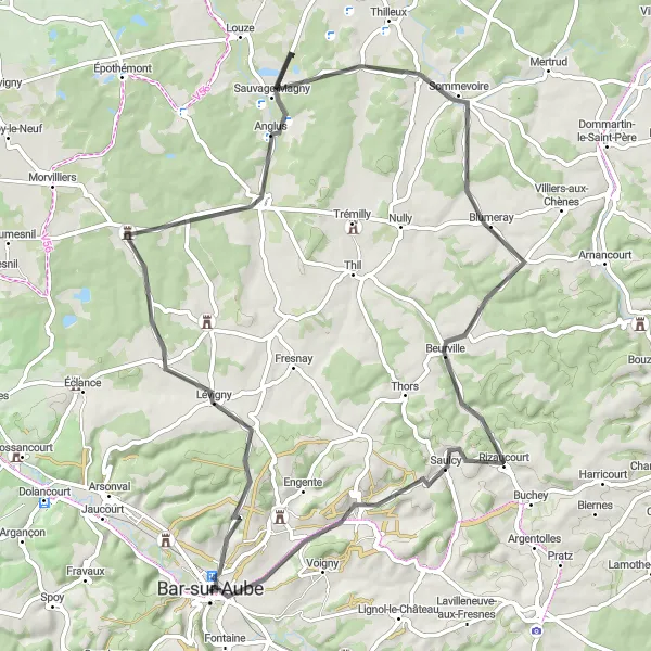 Miniature de la carte de l'inspiration cycliste "Route des Coteaux d'Aube" dans la Champagne-Ardenne, France. Générée par le planificateur d'itinéraire cycliste Tarmacs.app