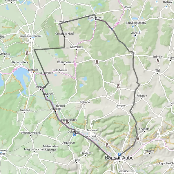 Map miniature of "Scenic Road Cycling Route near Bar-sur-Aube" cycling inspiration in Champagne-Ardenne, France. Generated by Tarmacs.app cycling route planner