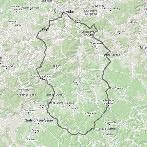 Miniature de la carte de l'inspiration cycliste "Grande boucle à travers les terres champenoises" dans la Champagne-Ardenne, France. Générée par le planificateur d'itinéraire cycliste Tarmacs.app
