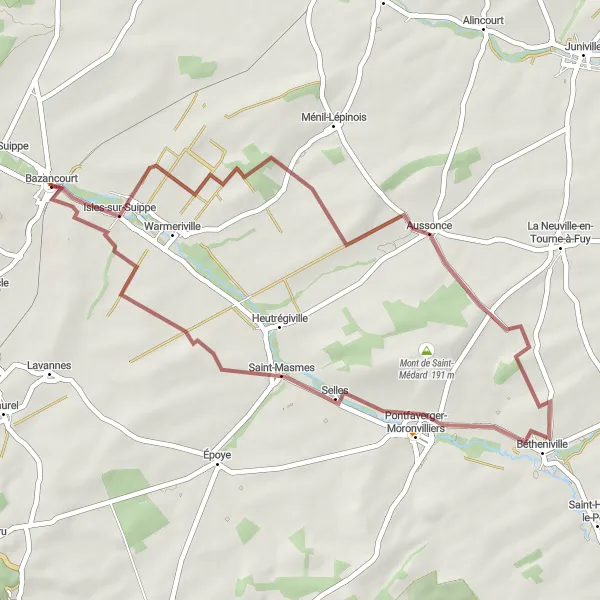 Miniature de la carte de l'inspiration cycliste "Parcours Nature en Gravel" dans la Champagne-Ardenne, France. Générée par le planificateur d'itinéraire cycliste Tarmacs.app