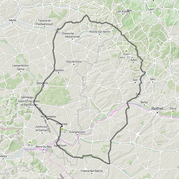 Map miniature of "Road Cycling Adventure near Bazancourt" cycling inspiration in Champagne-Ardenne, France. Generated by Tarmacs.app cycling route planner