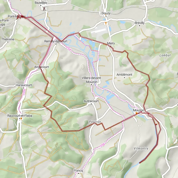 Map miniature of "Gravel Adventure: Mairy to Angecourt Loop" cycling inspiration in Champagne-Ardenne, France. Generated by Tarmacs.app cycling route planner