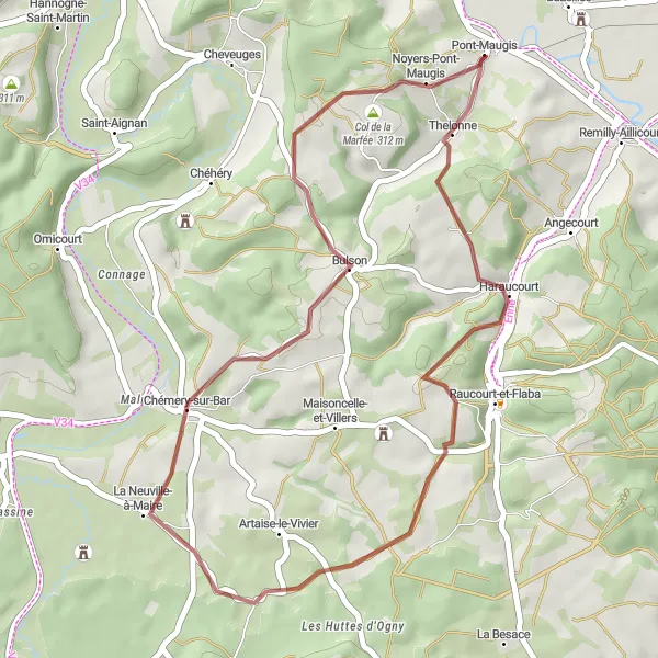 Map miniature of "Bazeilles Gravel Adventure" cycling inspiration in Champagne-Ardenne, France. Generated by Tarmacs.app cycling route planner