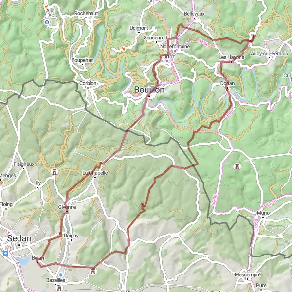 Miniature de la carte de l'inspiration cycliste "Parcours de VTT à travers les Collines Ardennaises" dans la Champagne-Ardenne, France. Générée par le planificateur d'itinéraire cycliste Tarmacs.app