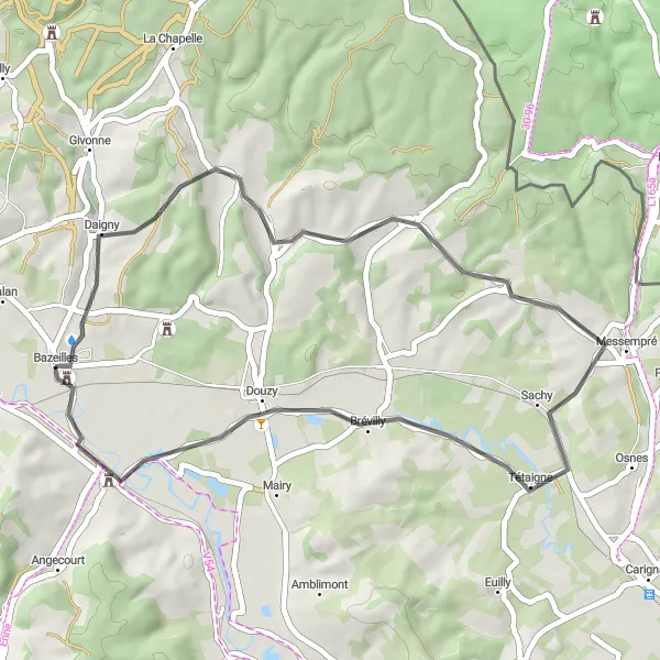 Map miniature of "Castle Explorations" cycling inspiration in Champagne-Ardenne, France. Generated by Tarmacs.app cycling route planner