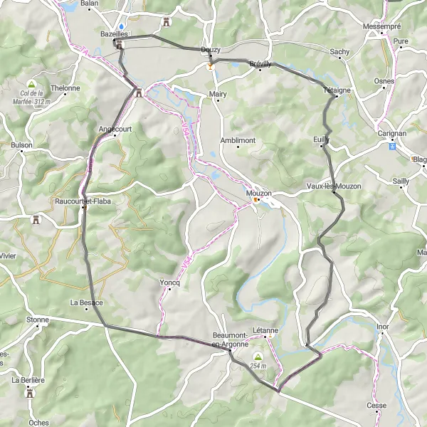 Map miniature of "Road Cycling: Douzy to Château de Bazeilles Loop" cycling inspiration in Champagne-Ardenne, France. Generated by Tarmacs.app cycling route planner