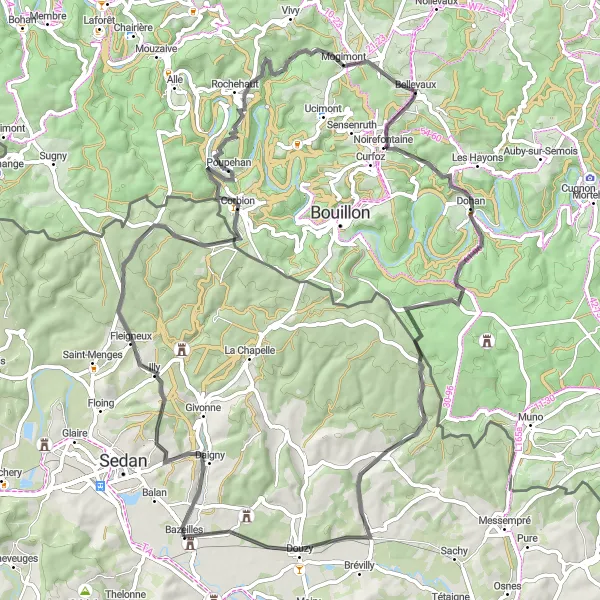Miniature de la carte de l'inspiration cycliste "Parcours pittoresque autour de Bazeilles" dans la Champagne-Ardenne, France. Générée par le planificateur d'itinéraire cycliste Tarmacs.app