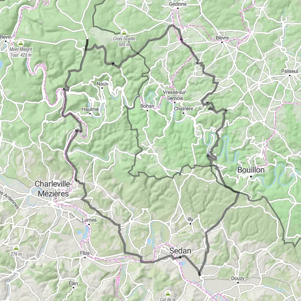Miniature de la carte de l'inspiration cycliste "Parcours de Cyclisme autour de Bazeilles" dans la Champagne-Ardenne, France. Générée par le planificateur d'itinéraire cycliste Tarmacs.app