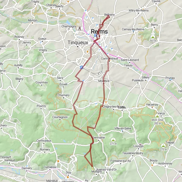 Miniature de la carte de l'inspiration cycliste "Circuit gravier de Bezannes à Reims" dans la Champagne-Ardenne, France. Générée par le planificateur d'itinéraire cycliste Tarmacs.app