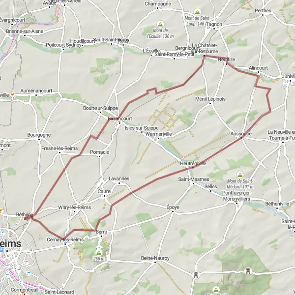 Miniature de la carte de l'inspiration cycliste "Les Chemins de Cernay" dans la Champagne-Ardenne, France. Générée par le planificateur d'itinéraire cycliste Tarmacs.app
