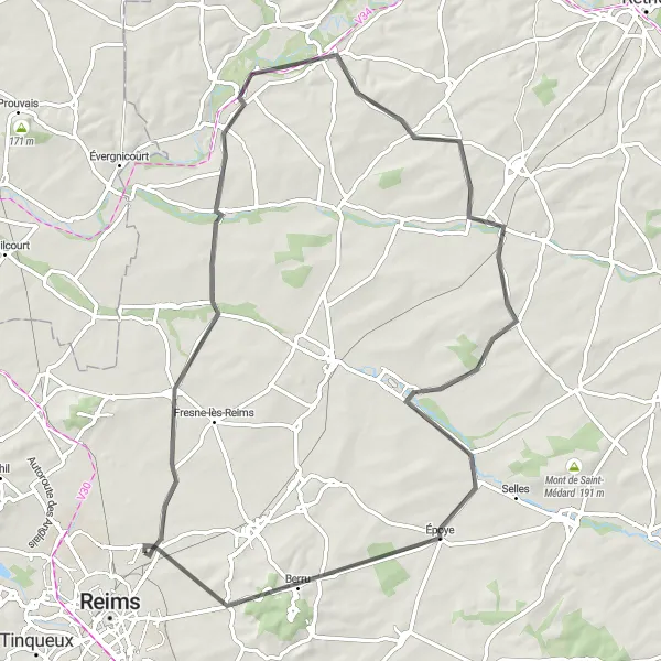 Miniature de la carte de l'inspiration cycliste "Parcours des Collines" dans la Champagne-Ardenne, France. Générée par le planificateur d'itinéraire cycliste Tarmacs.app
