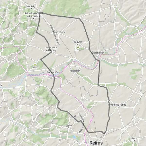 Miniature de la carte de l'inspiration cycliste "Parcours road de Hermonville à Berrieux" dans la Champagne-Ardenne, France. Générée par le planificateur d'itinéraire cycliste Tarmacs.app